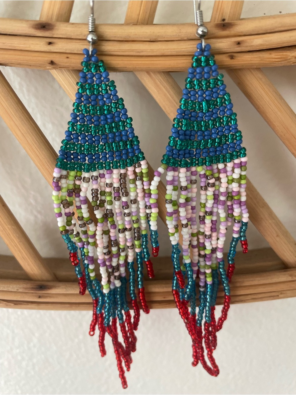 Handmade Blue & Green Beaded Fringe Earrings